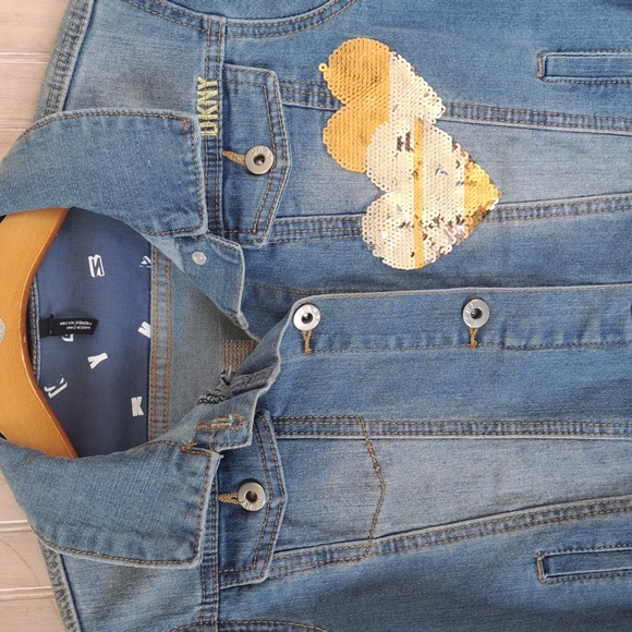 DKNY Girls Denim Jean Jacket Gold Sequin Heart Logo Y2k Stretch Comfy - Picture 2 of 11